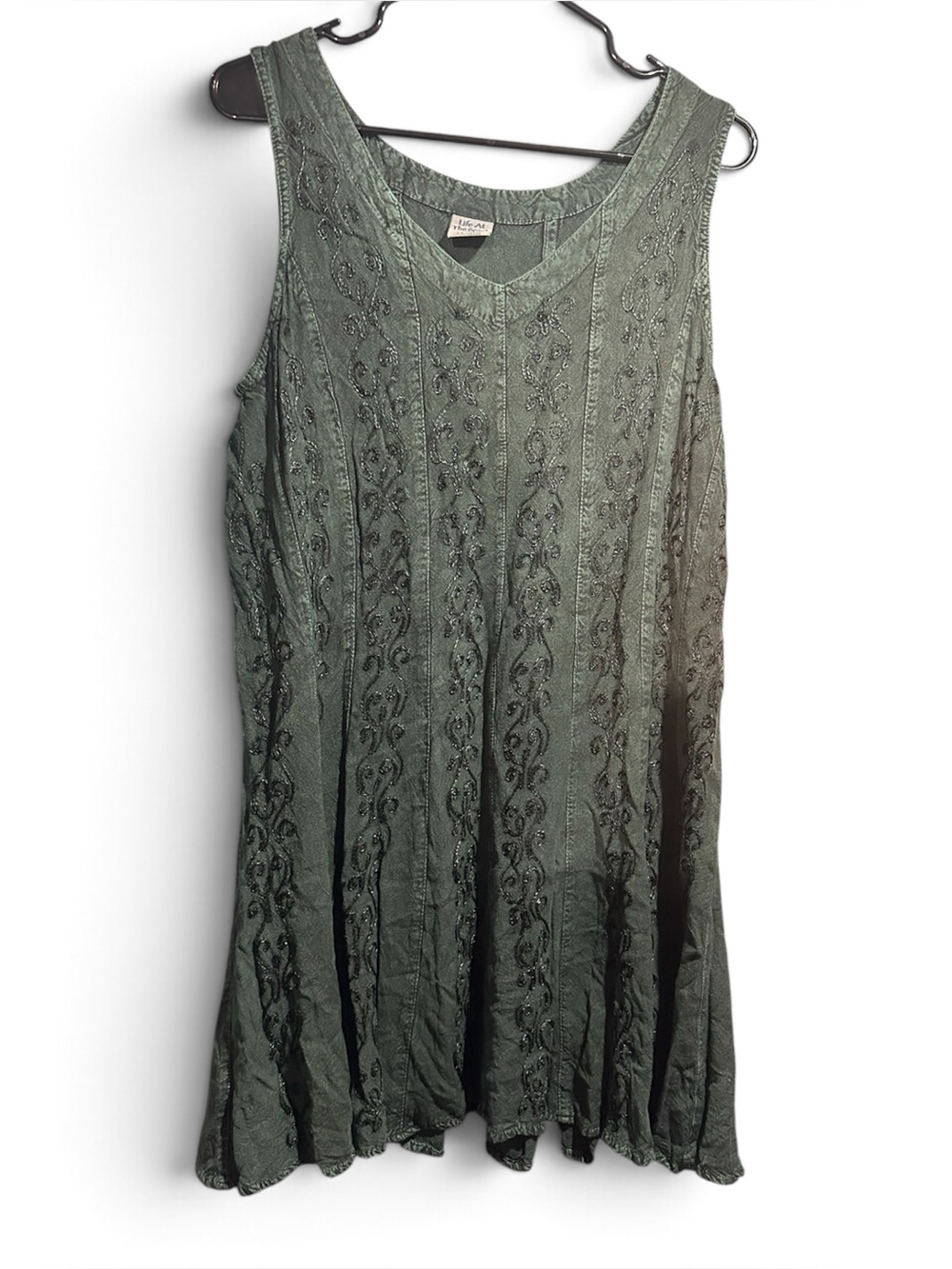 Sleeveless Embroidered V-Neck Dress - Olive Green
